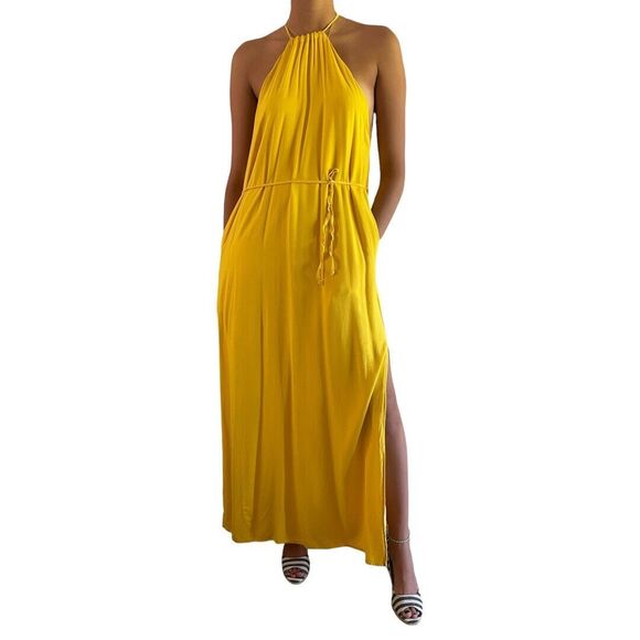 Urban Outfitters Halter Maxi Sun Dress Oversize XS Sleevless Slit Pockets Yellow - Picture 2 of 10